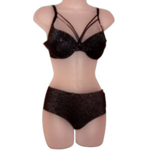 Youmita 34C Black Crossfront Glitter Bra & Medium Hipster Set NWT